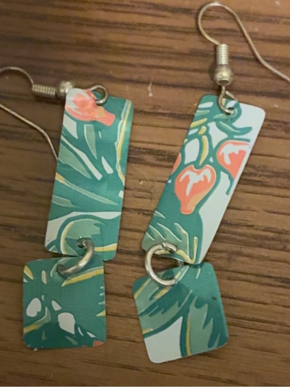Tropical Print Dangle Earrings in Teal and Coral